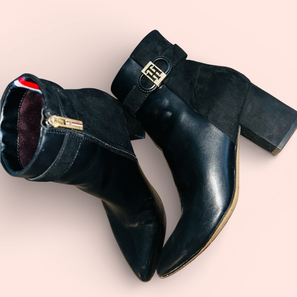 Authentic Tommy Hilfiger Black Heeled Boots with Gold Accent